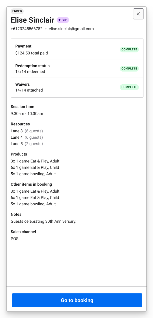 Booking details for Elise Sinclair's 30th anniversary celebration with payment and guest information.